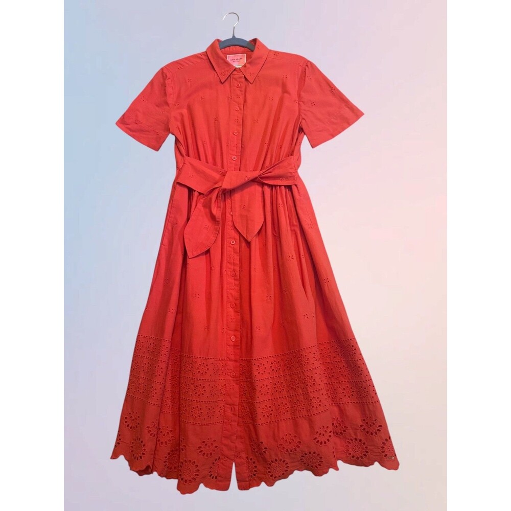 Kate Spade Geranium Eyelet Tie Waist Shirt Dress Sz M Lined Pockets Short Sleeve